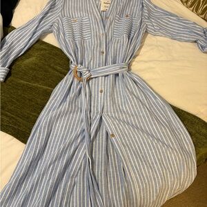 Zara Blue and White Striped Long Sleeve Linen Midi ShirtDress